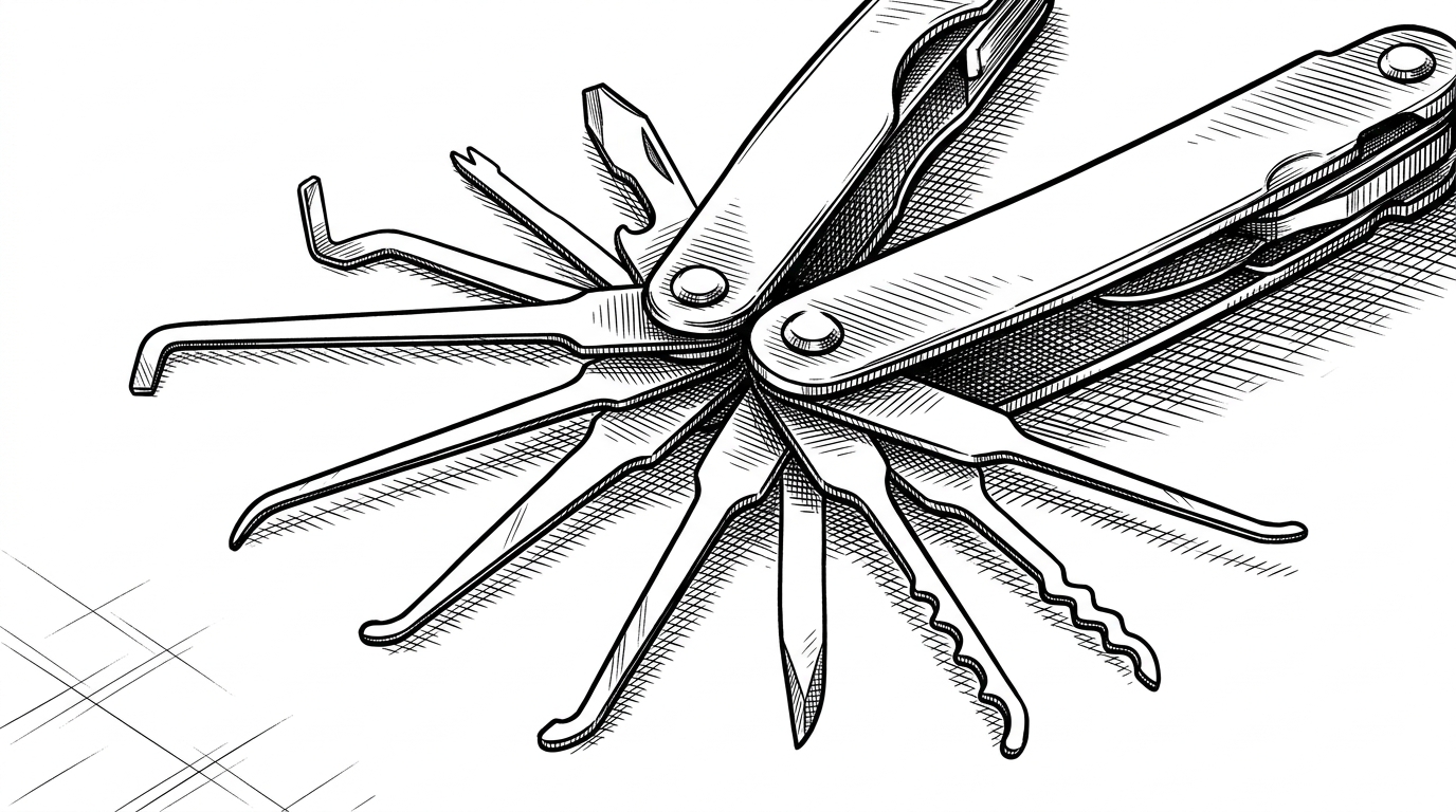 A pristine metallic multi-tool with lock-picking implements unfolding from its center, representing the zero-dependency nature of the tool.