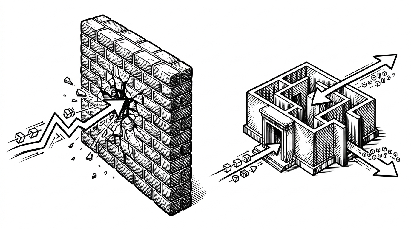 The left side shows a direct request stopped by a wall, while the right side shows the same request routed through an allowed host, redirected, and returned with extra bytes intact. The contrast makes the difference between a blocked SSRF and a successful data leak obvious at a glance.