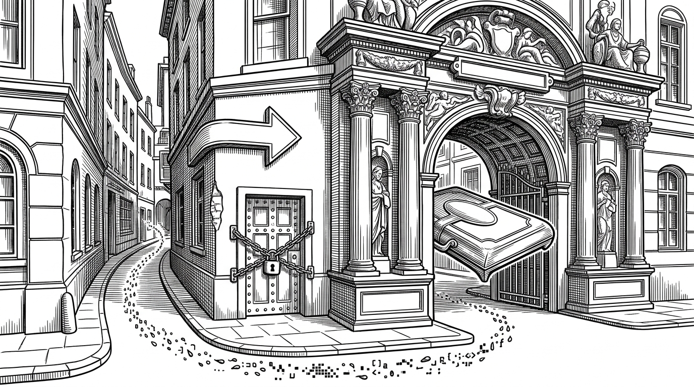 A wide editorial scene shows a polished image gateway that looks safe on the surface, then bends through a hidden redirect sign toward a locked internal door. A thin trail of bytes slips back out, illustrating how an approved request can still leak data after the first trust check.