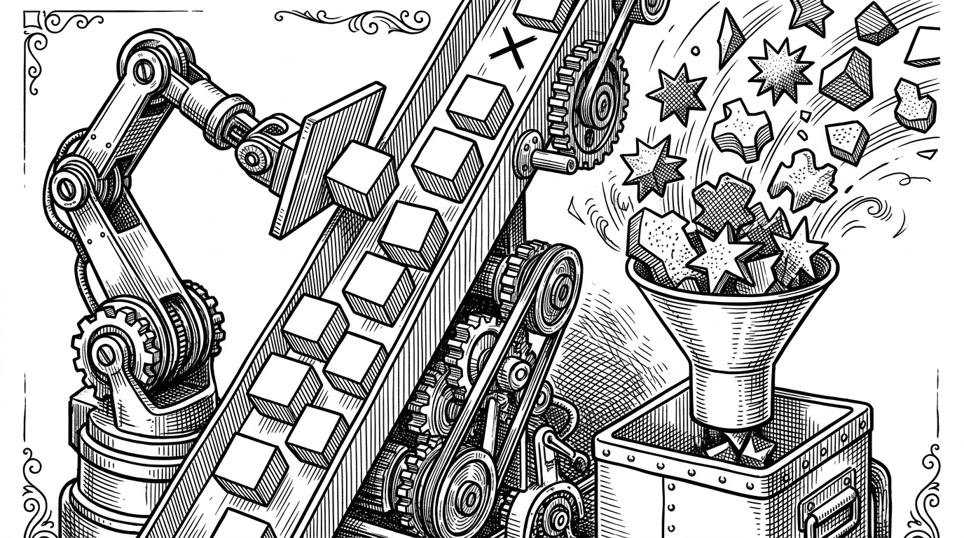A mechanical sorting machine rejecting identical square blocks while accepting a chaotic pile of unique, jagged shapes. This visualizes the process of measuring token entropy and rejecting predictable patterns.