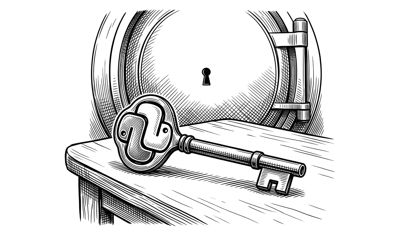A vintage skeleton key with a Python logo bow sitting on a table in front of a massive bank vault. This illustrates the concept of a small, standard-library Python script unlocking complex OAuth vulnerabilities.