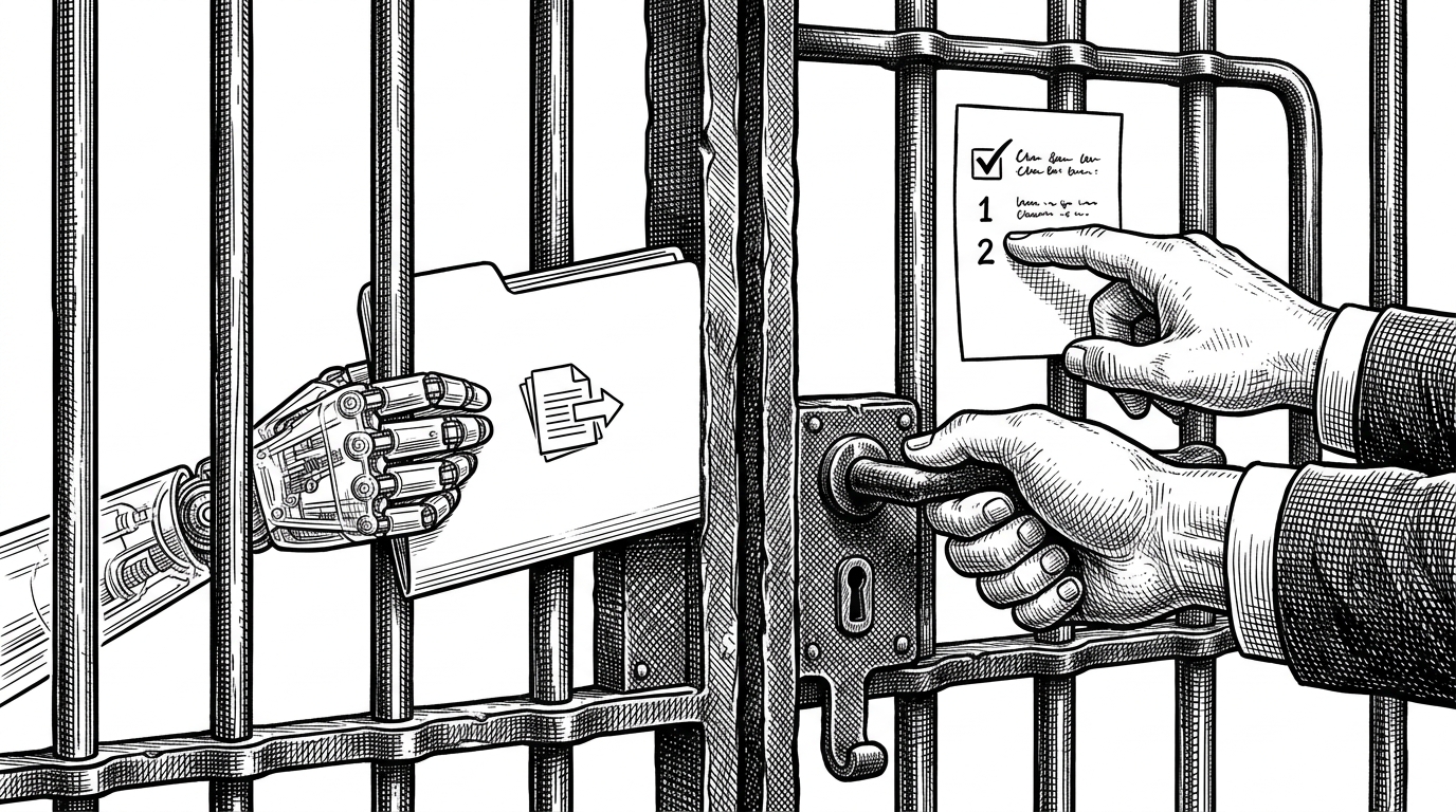 A heavy iron gate with a zero engraved on the lock. A human hand holds the latch shut against a robotic hand, pointing to a checklist.