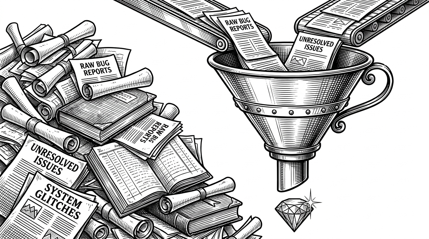 A massive pile of disorganized scrolls being fed into a sleek brass funnel, outputting a single glowing gemstone.