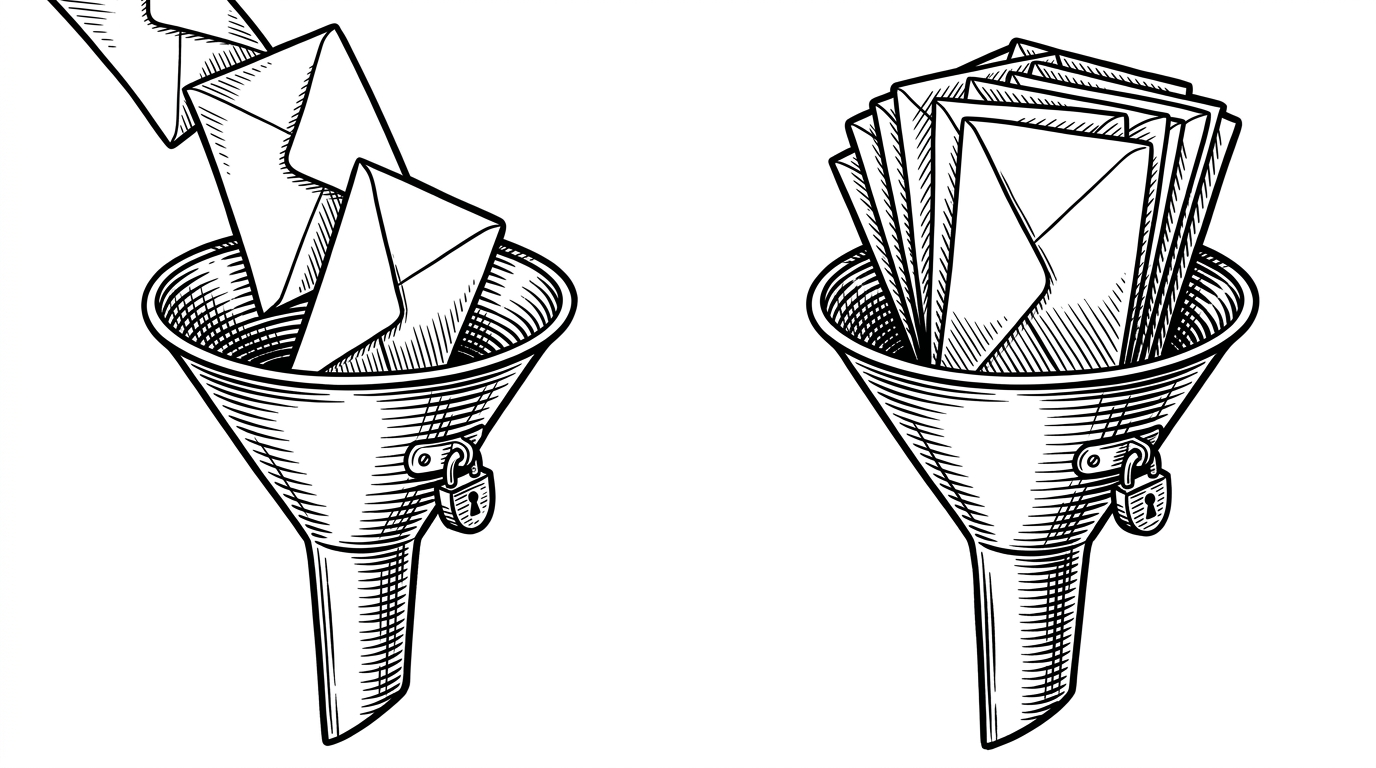 A split close-up of request envelopes entering a funnel one by one on the left, and as a tightly packed bundle on the right. The image shows why staggered traffic loses the race window while aligned traffic can slip through before state updates land.