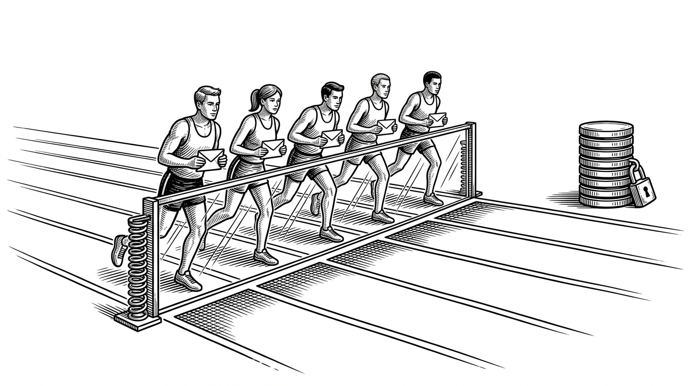 A wide racetrack scene with several runners frozen behind a spring-loaded gate, then released together toward a server-shaped finish line. It visualizes the repo's core trick: synchronization turns ordinary threads into a deliberate race attack.