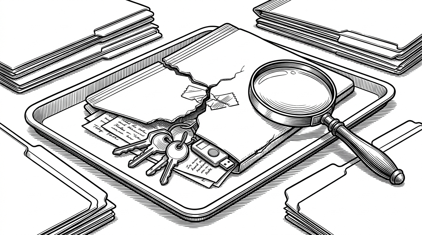 A cracked sealed folder sits under a magnifying glass while keys, tokens, and folded papers spill from the seam onto a white tray. The close-up explains why the repo cares about predictable config exposures before it spends more time on brute-force discovery.