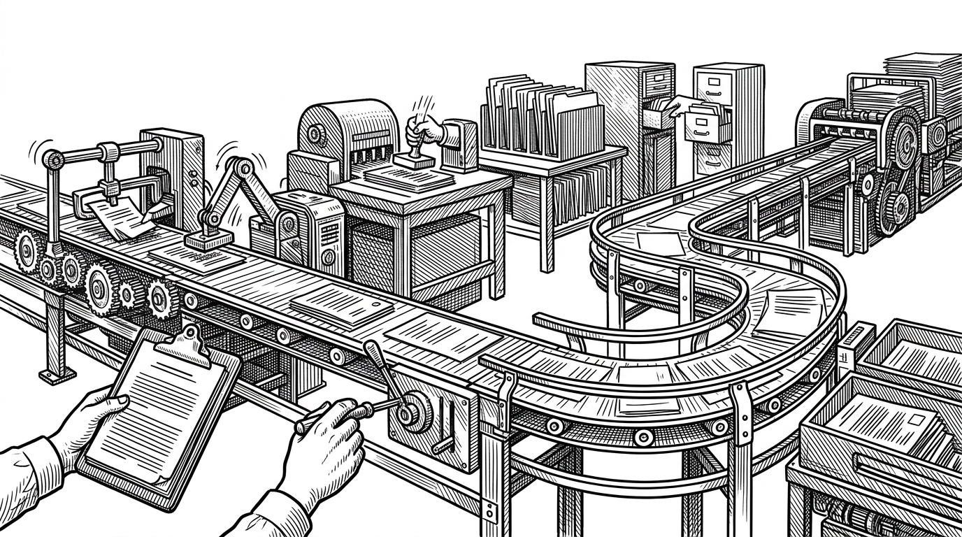 A conveyor belt runs through a row of recon stations, but one station is empty and the belt reroutes around it while the rest keep working. The scene explains why the script can still produce useful output when a dependency is missing.