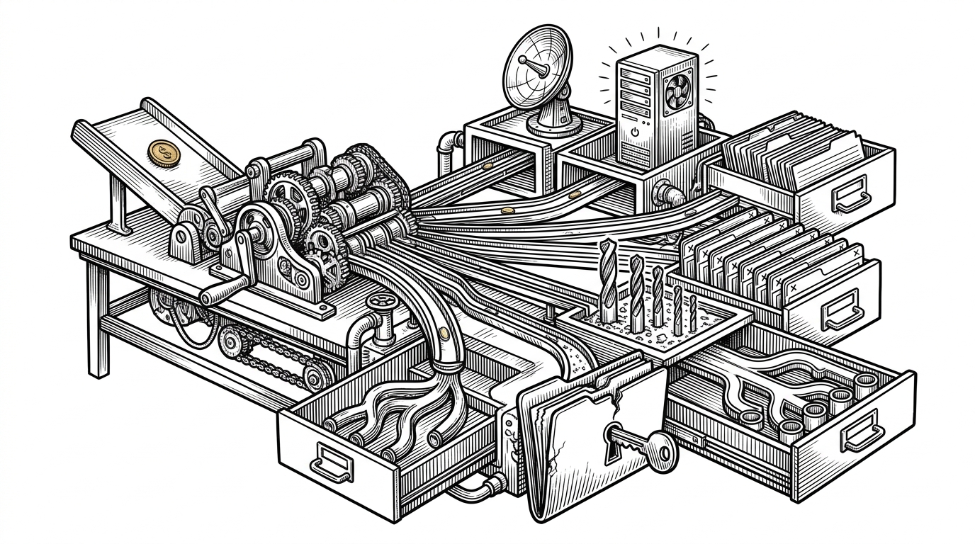 A single domain seed enters a mechanical sorting machine and splits into drawers for subdomains, live hosts, ports, URLs, scripts, fuzz targets, and leak checks. The image explains how the project turns one input into an organized recon workspace instead of a pile of terminal output.