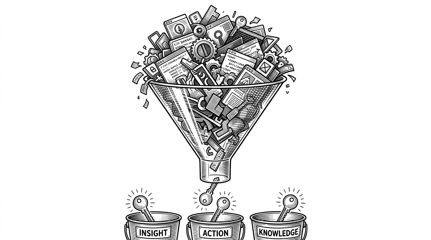 A messy pile of digital debris being poured into a funnel, emerging as perfectly formed keys into labeled buckets.