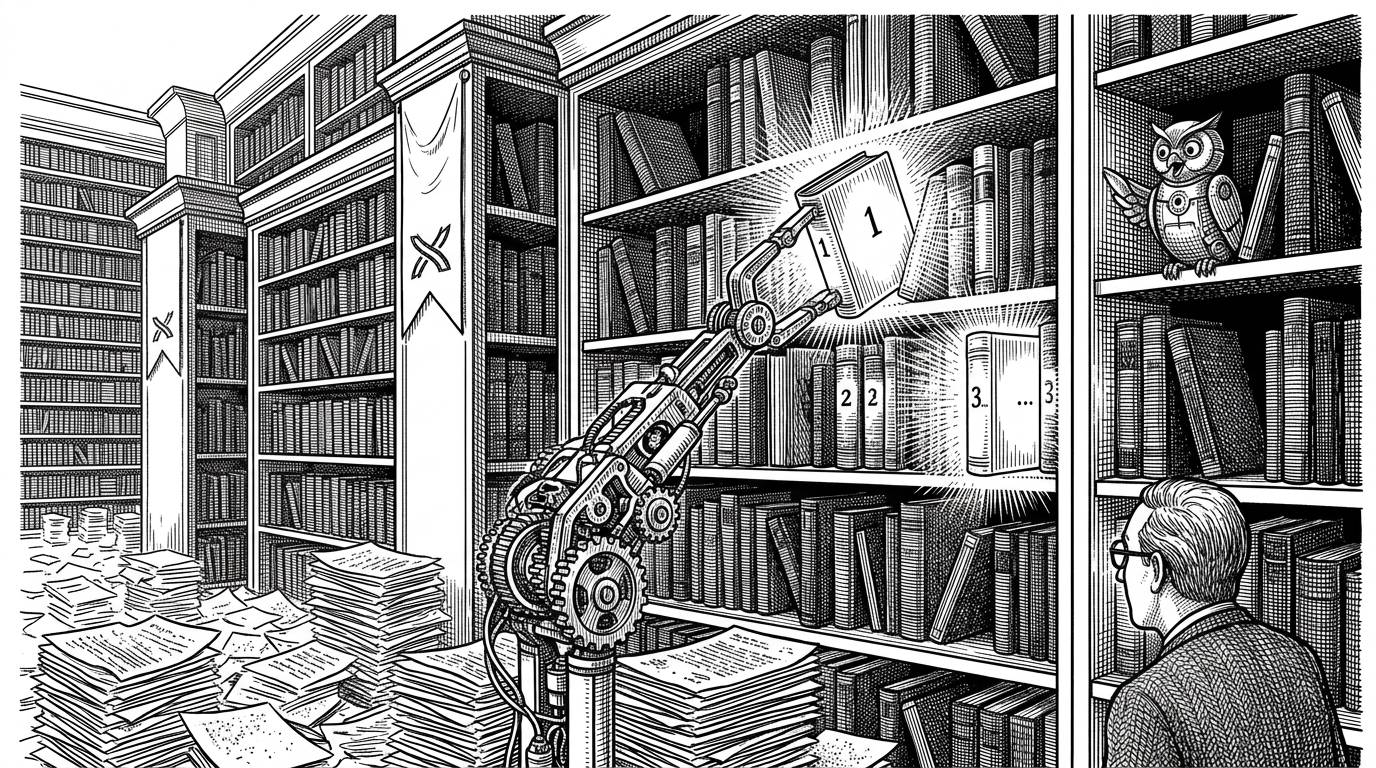 A mechanical arm pulling specific books from a classical library shelf in a numbered sequence, ignoring dusty papers on the floor. This represents structured, sequential knowledge retrieval for machines versus unstructured data.