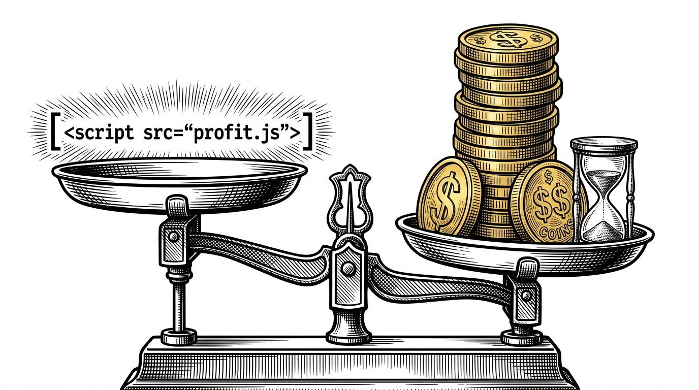 An old-fashioned merchant's scale. On one side, a single line of glowing code. On the other side, a stack of heavy gold coins and a tiny hourglass. The scale tips heavily toward the coins, illustrating economic cost and ROI prioritization.