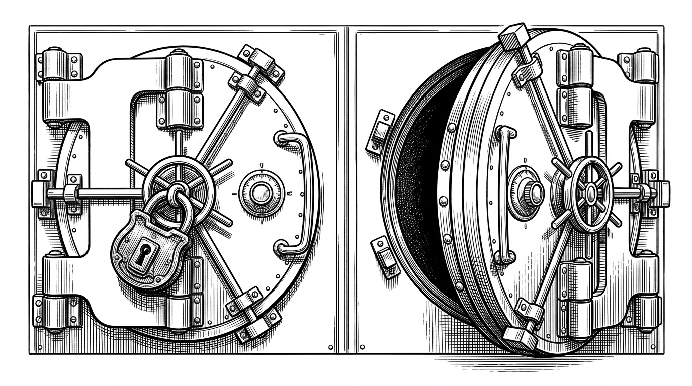 Two identical vault doors side-by-side. The left door is secured with a massive padlock. The right door is slightly ajar, revealing a missing internal latch. This illustrates the Sibling Function Rule where one function is secured but its pair is forgotten.