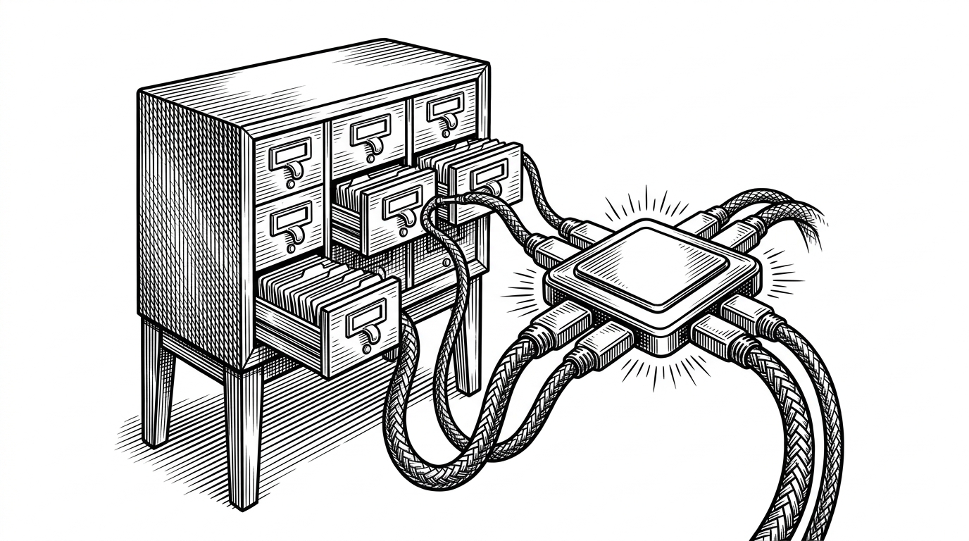 A traditional wooden library card catalog cabinet with industrial data cables plugging directly from the drawer slots into a sleek central processor unit. This illustrates the transition from static prompt storage to executable, machine-readable agentic skills.