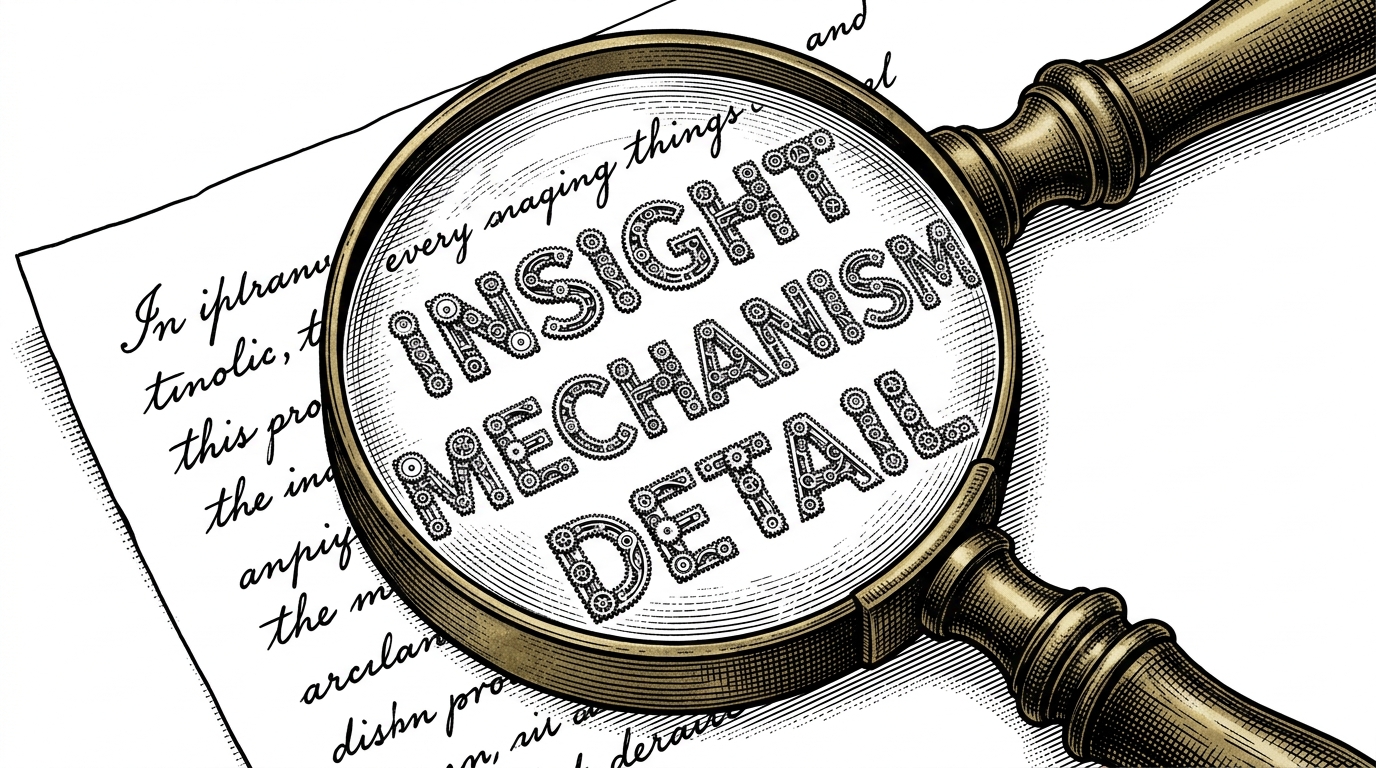 A heavy, vintage magnifying glass hovering over a piece of parchment paper. Outside the lens, the paper shows standard handwritten cursive text. Inside the magnified glass lens, the 'ink' of the letters is actually composed of hundreds of tiny, interlocking, perfectly machined metal gears. This visualizes plain-text English acting as structured, mechanical execution logic.