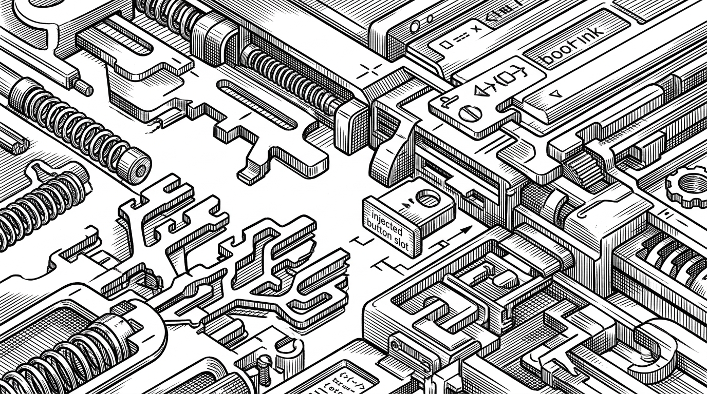 A close-up editorial illustration of a browser page where changing interface pieces are matched against selector fragments like keys fitting into different locks. Several DOM hooks, fallback paths, and a precisely placed injected button slot show how the extension attaches itself without looking invasive.