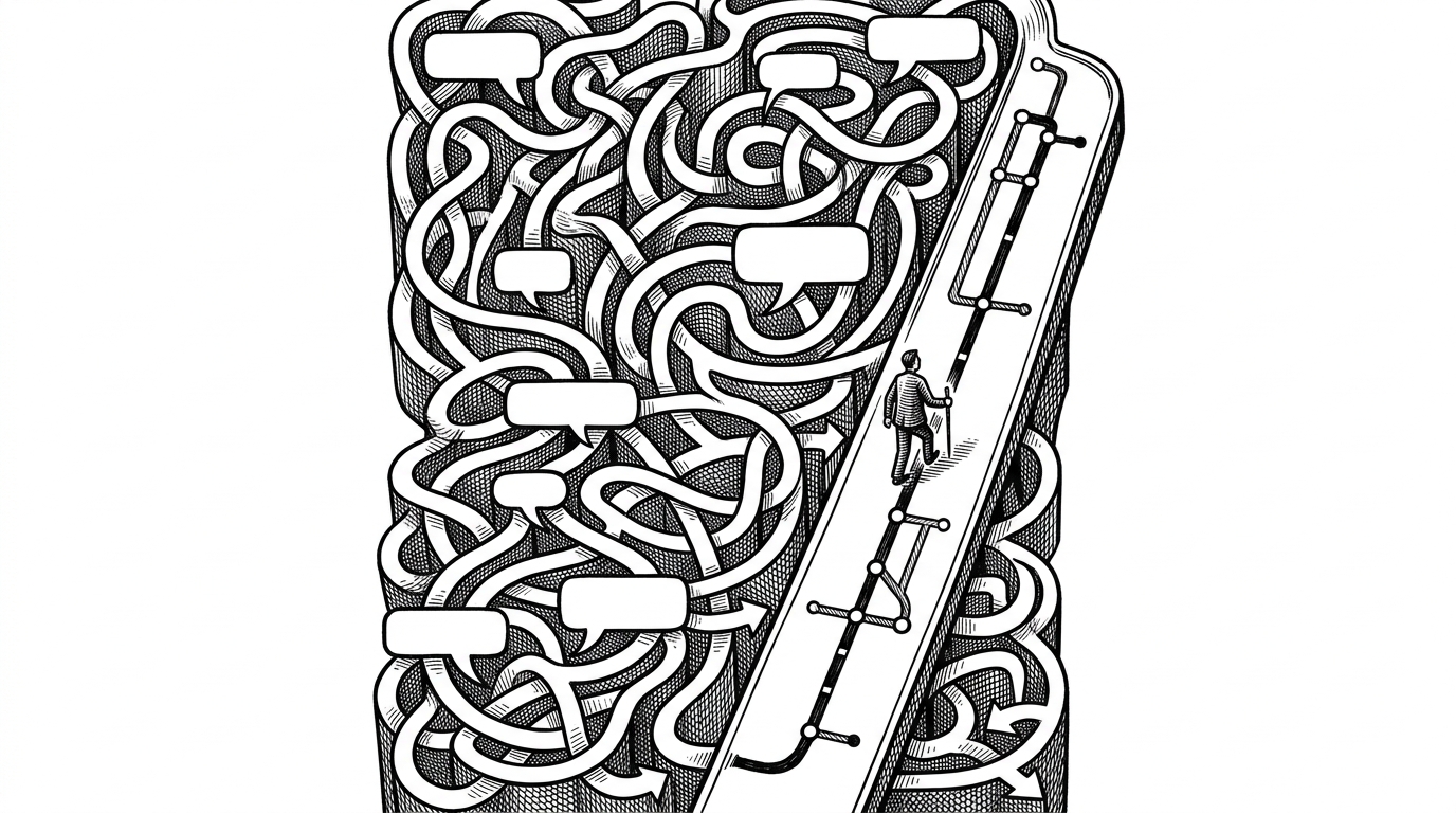 A wide editorial illustration of a long ChatGPT conversation drawn as a winding vertical maze of speech bubbles, with a slim sidebar running alongside it like a transit map. A user moves through the sidebar while the thread behind it stays compressed and orderly, showing how the extension turns a chaotic scroll into a navigable workspace.