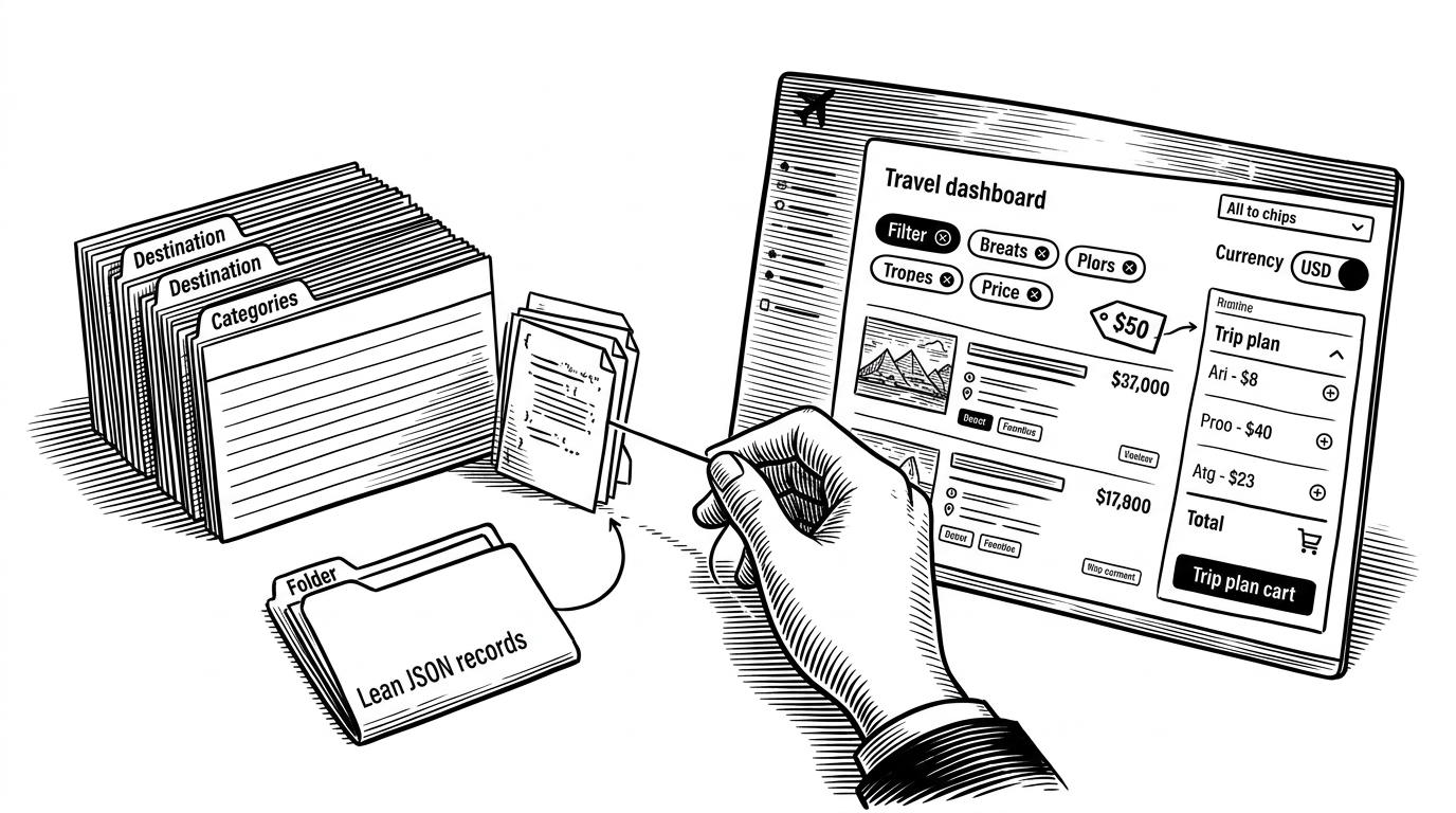 A wide editorial scene of a travel desk turned into a magician's table. On one side sit index cards for beaches, temples, and countries. On the other side, those cards are being transformed into a polished travel dashboard with filters, price tags, a currency toggle, and a trip plan cart. The image explains how a small dataset can become a much richer interface through careful front-end layering.