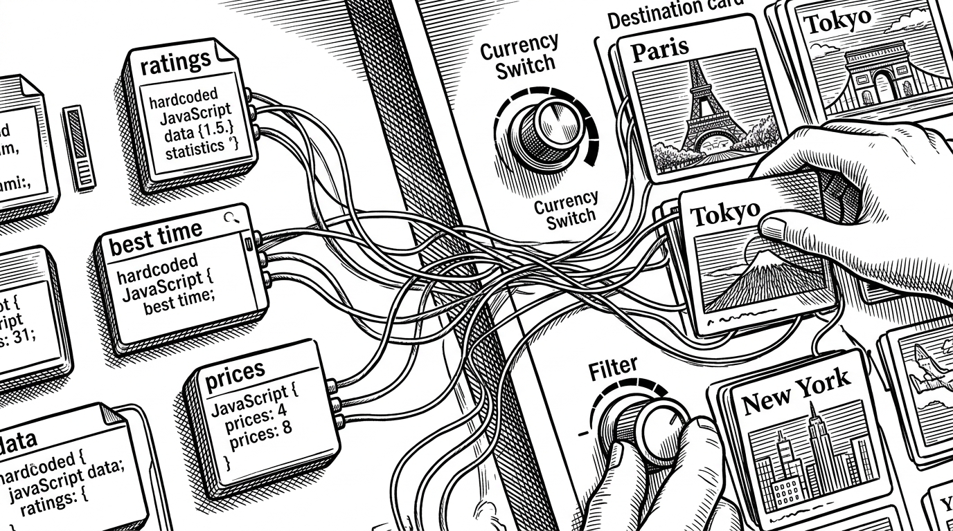 A close-up split control panel shows compact JavaScript metadata boxes on one side and live destination cards on the other. Thin wires connect ratings, best time, and price lookups to visible UI fields. The image explains how a small overlay of data turns plain records into cards that feel dynamically assembled.