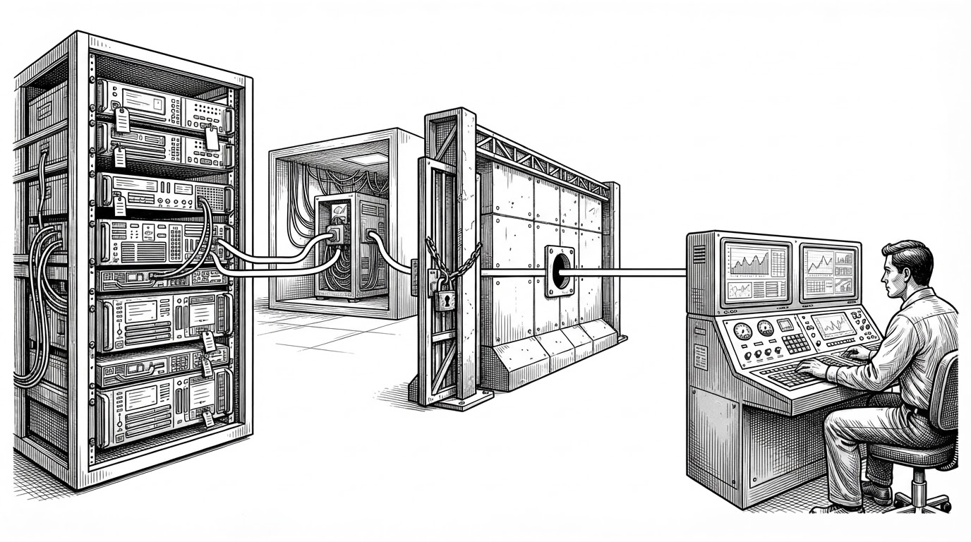 A wide editorial scene shows a bare-metal rack on one side and a remote control plane on the other, connected by a single outbound tunnel that passes through a firewall barrier. One machine sits behind a locked room, yet it still reads as a managed resource in the system. The image explains Omni's central idea: reachability is no longer the prerequisite for control.