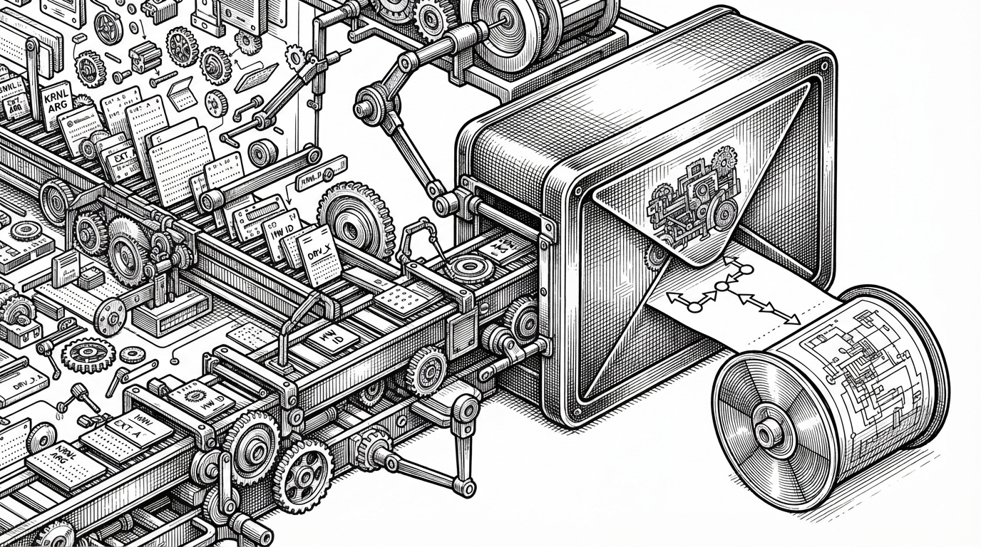 A close-up mechanical scene shows a schematic being assembled from precise parts. Kernel arguments, extensions, and hardware traits feed into a sealed machine envelope on one side, while a finished boot image and deployment path emerge on the other. The image explains that Omni composes machine images from declarative inputs instead of hand-built artifacts.