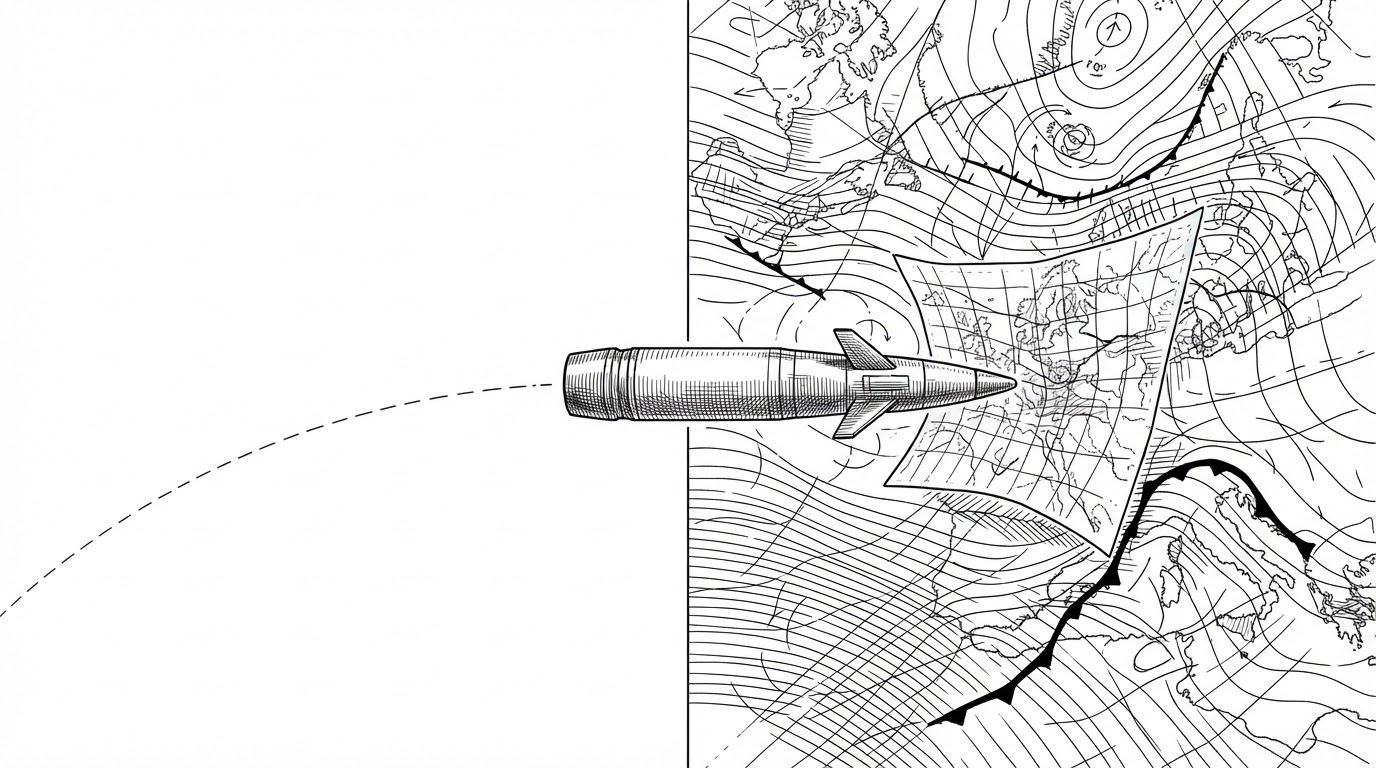 A 155mm shell flies across a wide split scene. One side is a clean, open flight path, while the other is crowded with contour lines, wind vectors, and weather symbols that bend the shell’s path. A small canard guidance kit is visible, but the largest object is a distorted map-like layer ahead of the projectile, showing that the system is fighting bad information as much as gravity and drag.