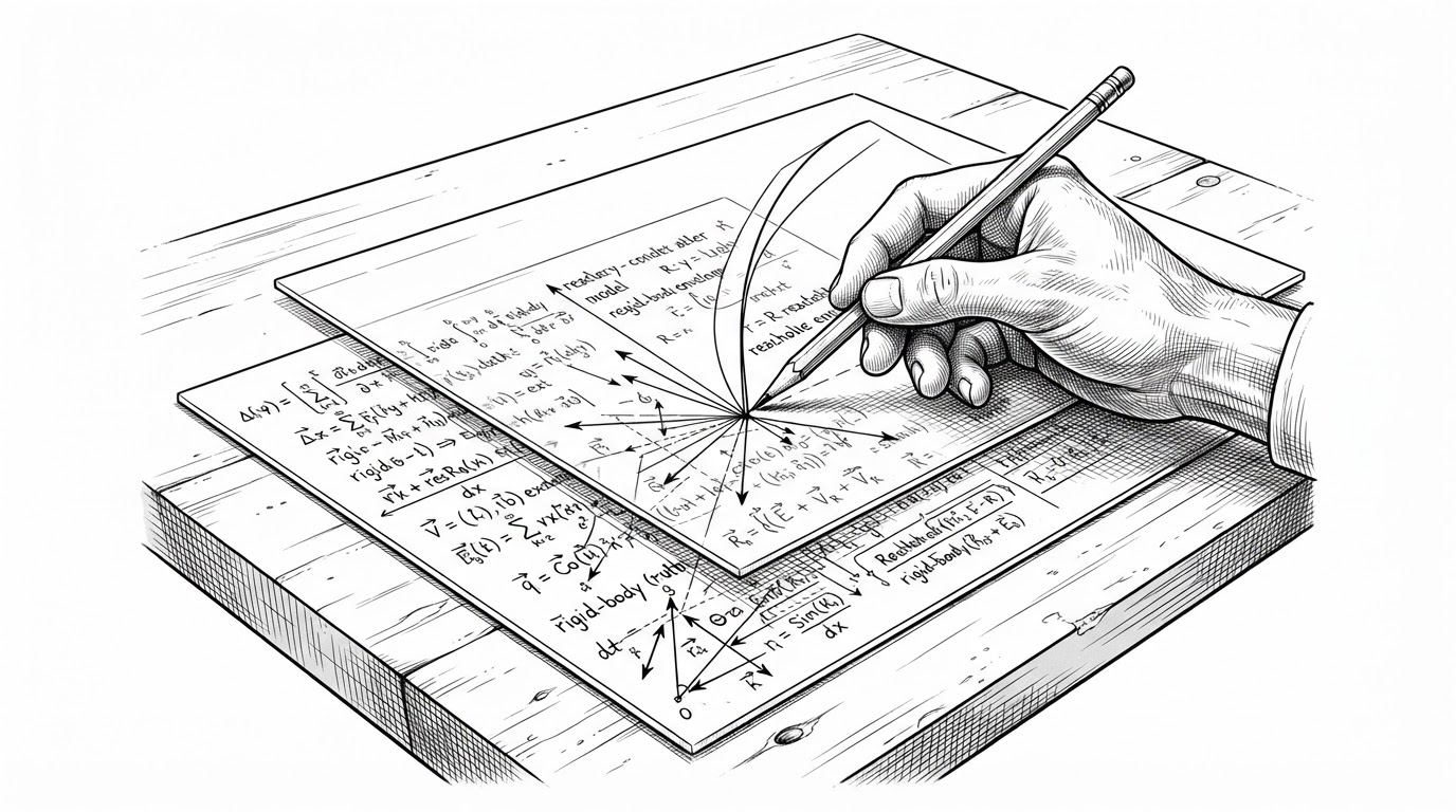 A drafting desk is shown in close-up with two transparent sheets layered on top of each other. The lower sheet is dense with equations, vectors, and rigid-body terms, representing the 6-DOF truth model. The upper sheet is much cleaner, showing a simplified trajectory line and a reachable envelope, representing the reduced-order guidance model. A hand with a pencil aligns the sheets imperfectly, emphasizing that the guidance model approximates reality rather than replacing it.