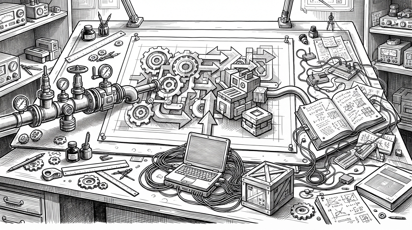 A drafting table covered in a blueprint of reusable agent patterns, with three different machine assemblies growing from the same central plan. The scene explains that the repository treats agent behavior as modular engineering rather than one-off prompting.
