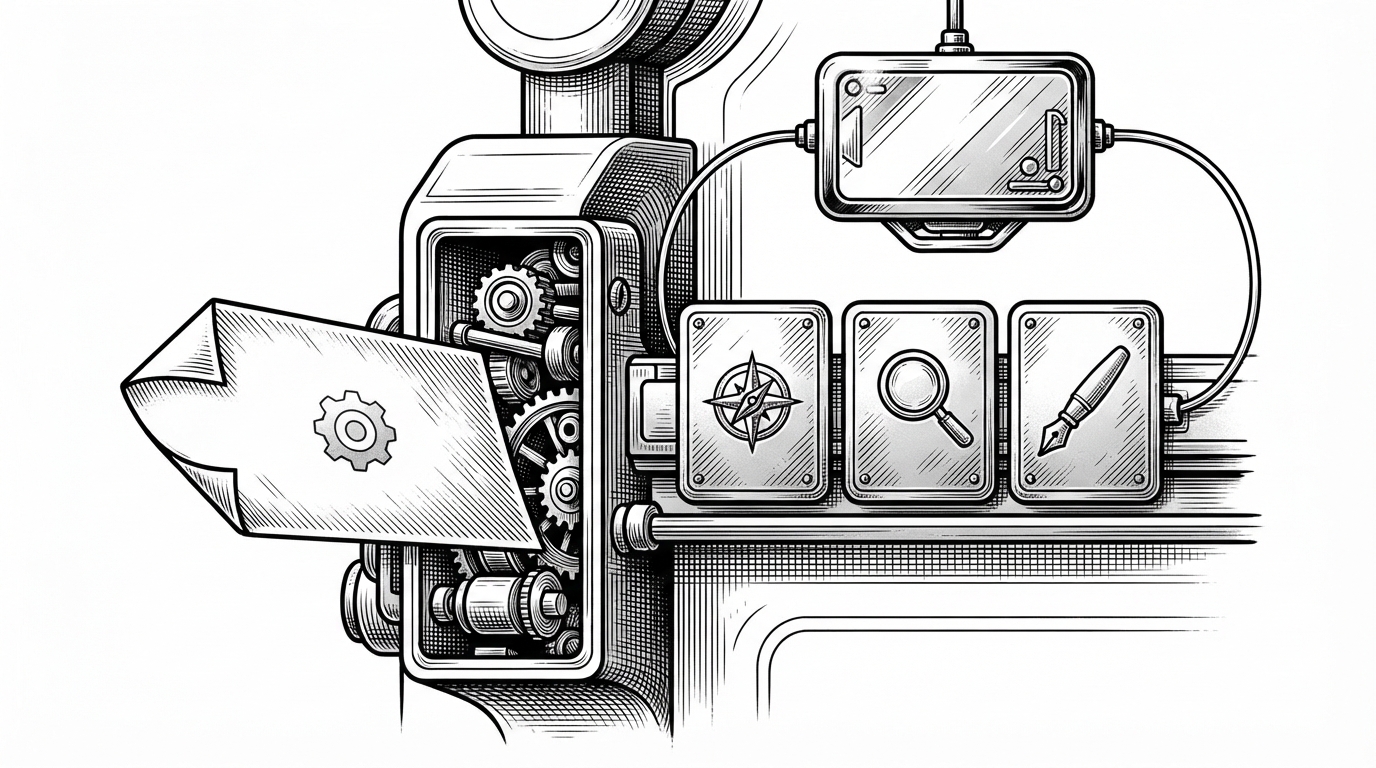 A close-up of a skill file being inserted into a mechanical agent pipeline like a cartridge, with planner, researcher, writer, and reflection modules connected by rails. The image explains how skills become reusable inputs that shape each agent role inside the workflow.