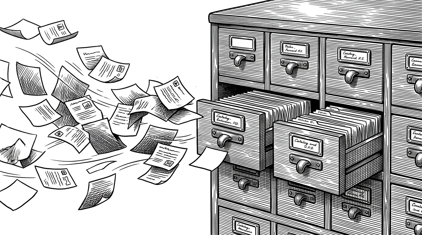 A split composition. The left side depicts a messy web of scattered paper sticky notes blowing away. The right side depicts a neatly organized, heavy wooden card catalog cabinet with brass handles. This illustrates the contrast between plaintext environment variables and Starpod's encrypted vault.