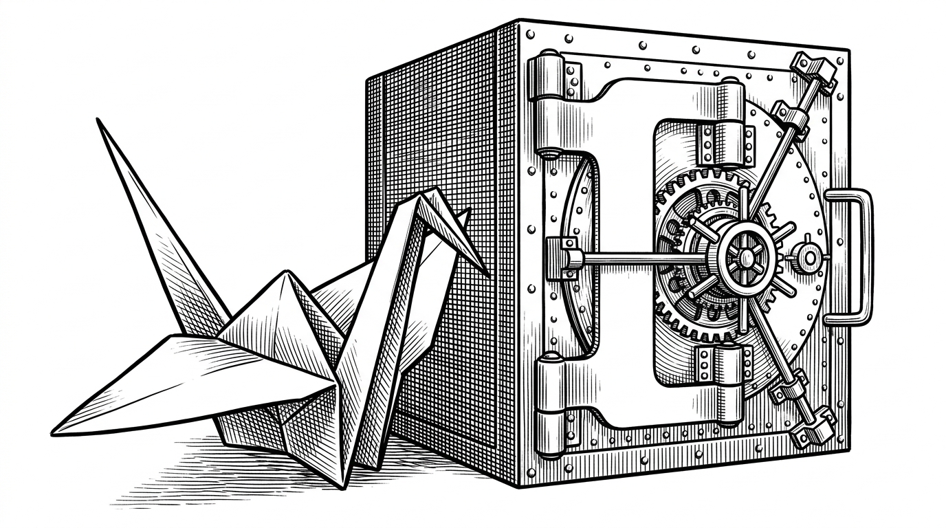 A fragile paper origami crane sitting next to a heavy, riveted steel vault with complex interlocking gears. This contrasts the fragile nature of early wrapper scripts against Starpod's robust, stateful infrastructure.