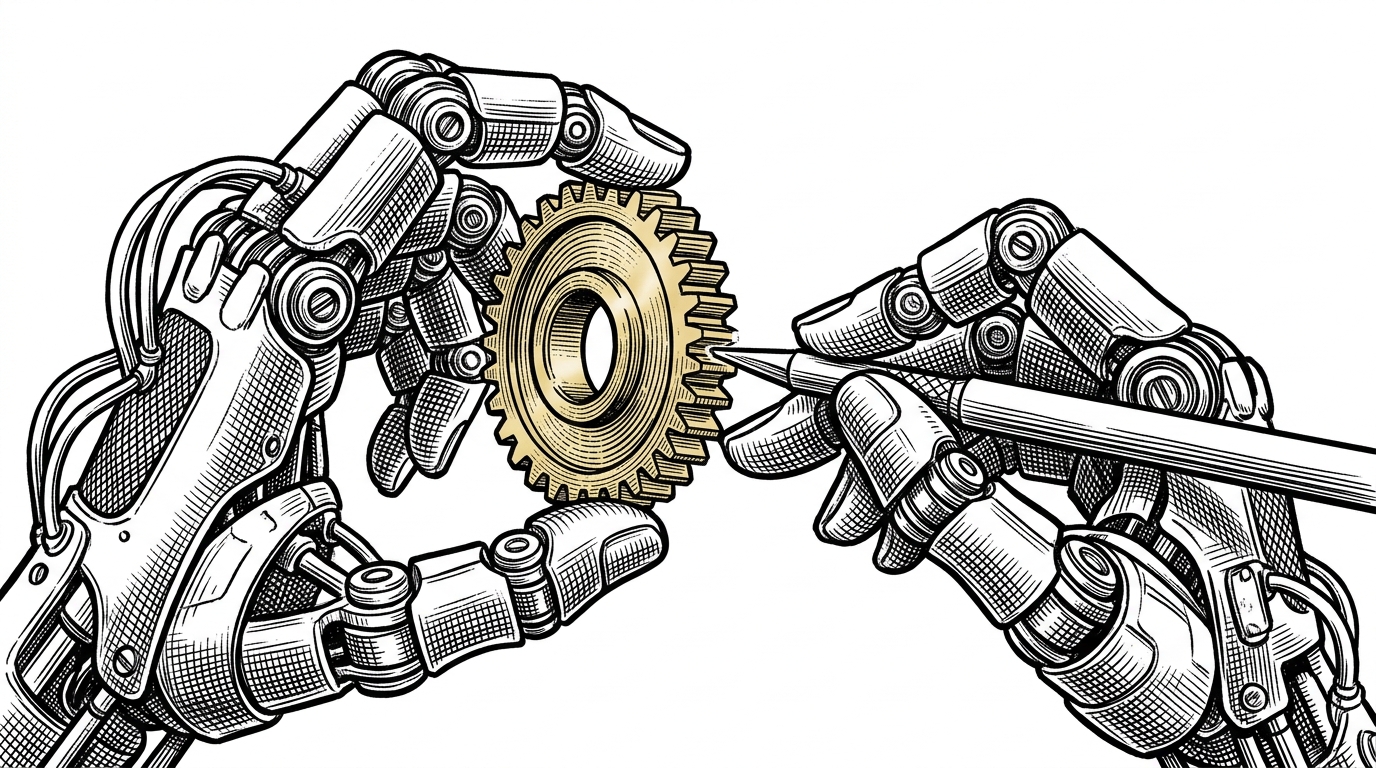 A close-up of two mechanical hands. One hand holds a precisely machined gear, while the other uses a specialized tool to carve new teeth into that very same gear. This visualizes the agent writing and compiling its own tools.