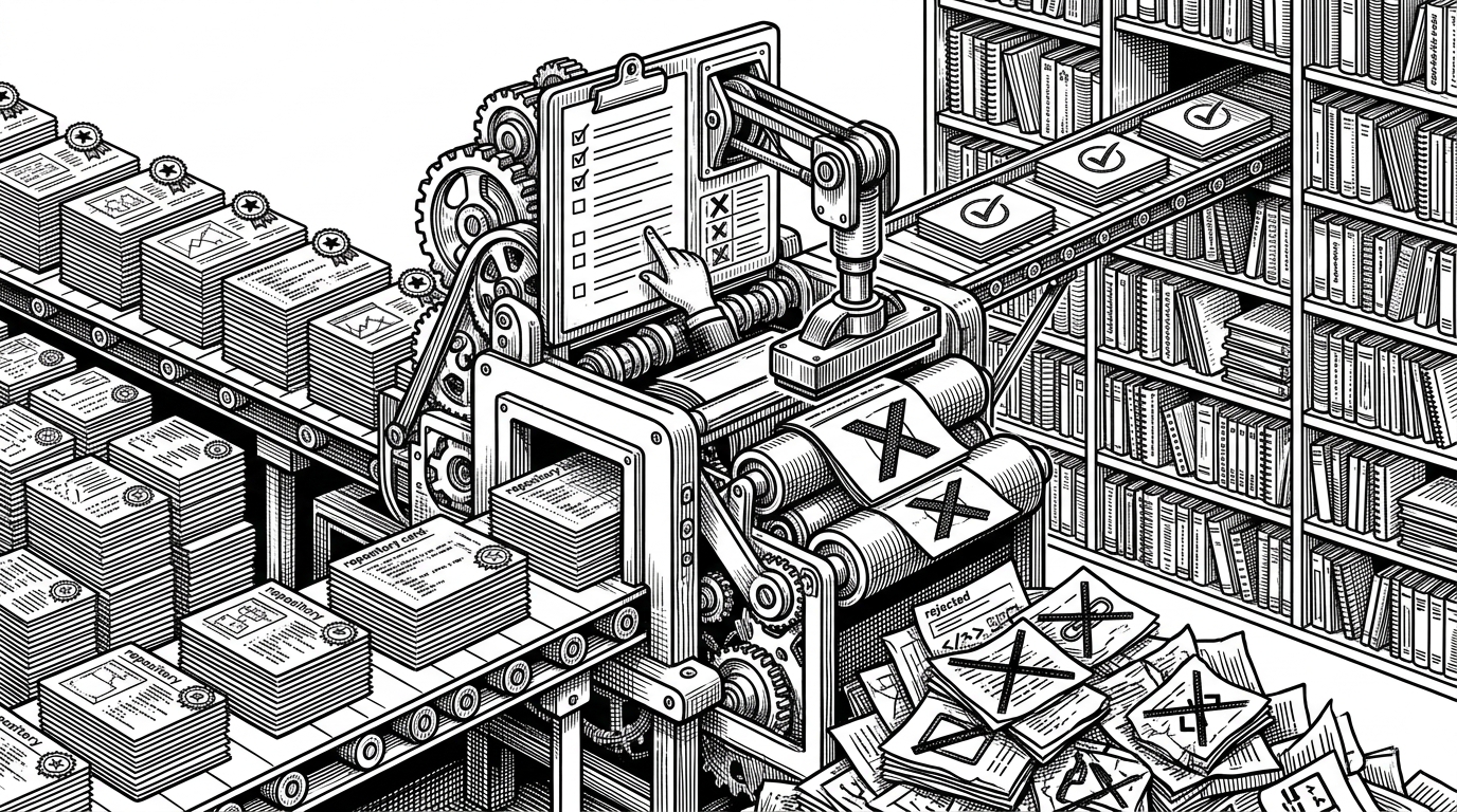 A customs desk for link submissions, with stacked cards passing through an inspection slot and a library wall growing behind it. The scene explains that this repository behaves like a gatekeeper, filtering quality before entries join the wider ecosystem.