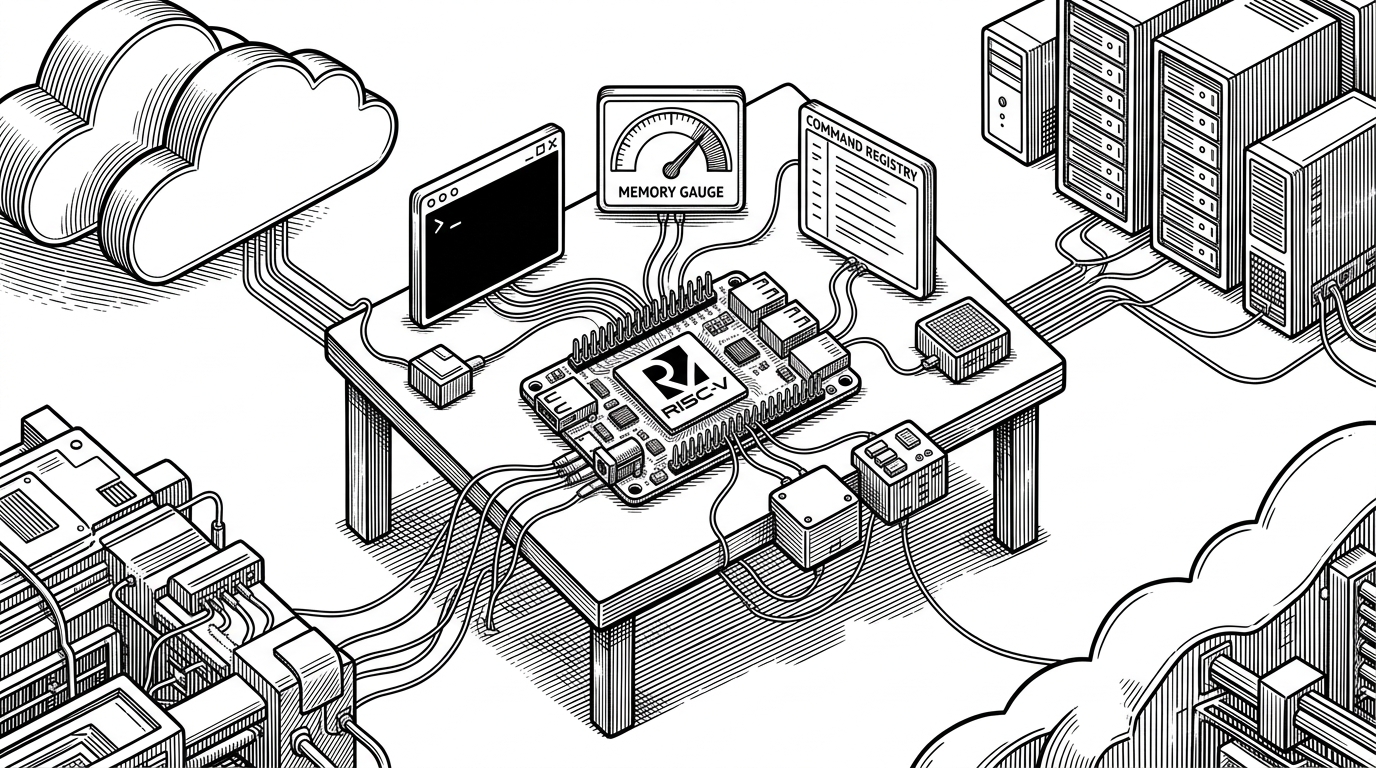 A tiny RISC-V board sits at the center of a sparse workbench while a much larger cloud stack is pushed to the edges and left idle. The scene explains PicoClaw's core idea: advanced agent orchestration is being compressed into hardware that normally would not be expected to host it.