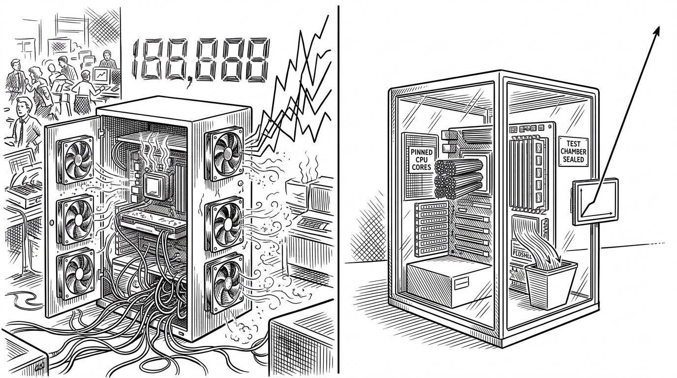 A split-scene editorial illustration contrasts two benchmark environments. On the left, fans spin, doors are open, and results scatter into noise. On the right, the machine is sealed, cores are pinned, cache is flushed, and one stable number emerges from the experiment. The image explains why environmental control is the difference between a guess and a usable measurement.