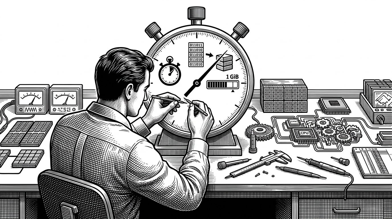 An engineer stands at a workbench surrounded by measuring tools, CPU cores, cache lines, and lab instruments. One large gauge dominates the scene, marked as <span class=