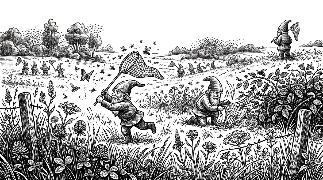 A wide insect meadow where gnomes swing nets at bugs at several apparent depths. Layered trees, fence posts, and scattered flowers make the flat world read like a space with real distance, which is the visual trick the article explains.