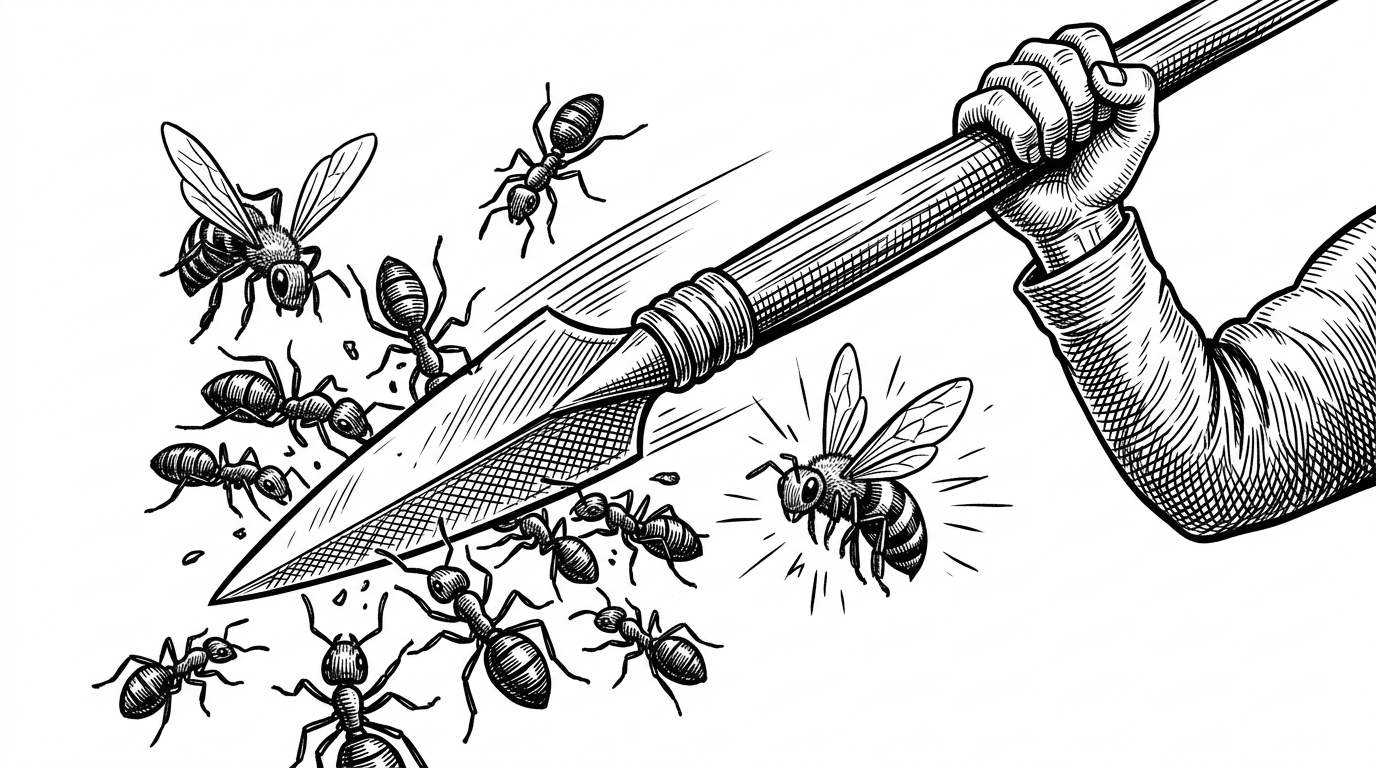 A close, kinetic scene where a spear cuts through a cluster of ants while a bee-shaped power-up bursts nearby. The image explains how one reward can change the player’s verb from catching to attacking, and how the swarm system raises the stakes.