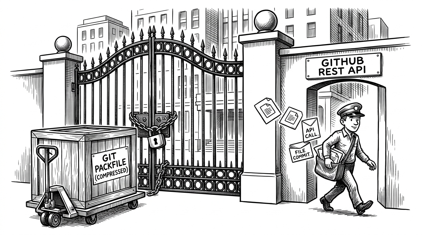 A locked corporate gate blocks a heavy Git packfile crate on one side while a small courier slips through a side door labeled as the GitHub REST API on the other. It explains the repo's central trick: route file updates through web-friendly API traffic when Git transport is blocked.
