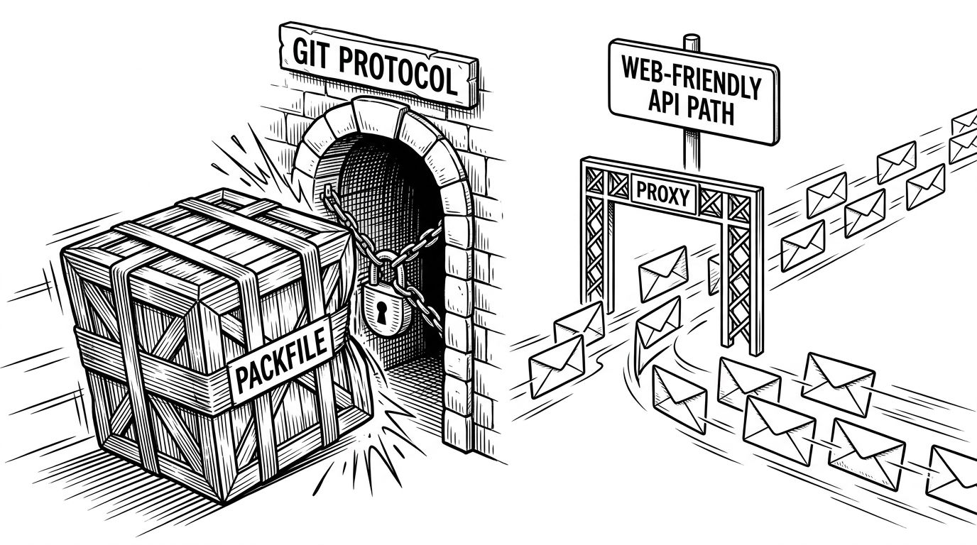A split scene shows one giant compressed packfile crate crashing into a locked Git tunnel on the left, while many small file envelopes move one by one through a web-friendly corridor on the right. It visualizes the trade-off between Git's efficient transport and the slower but more accessible API route.