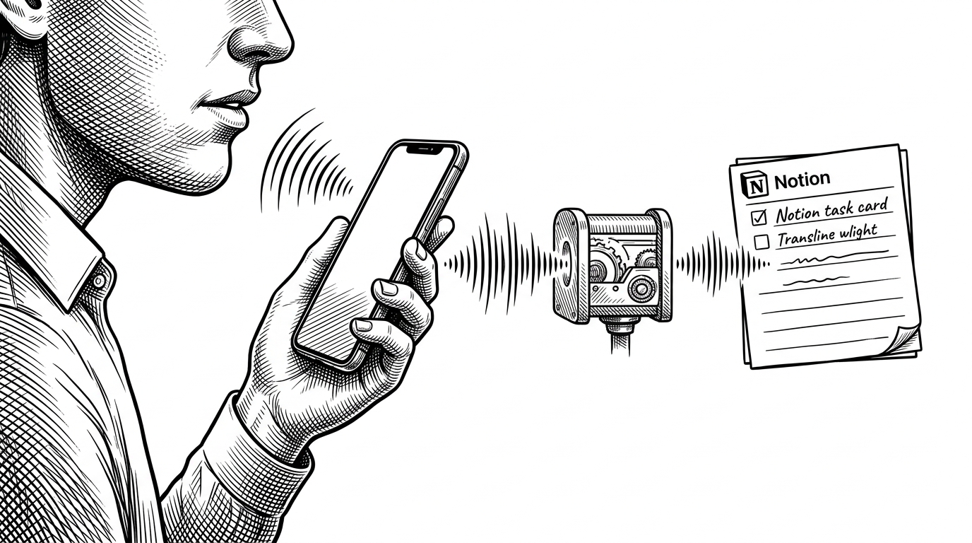 A person holds an iPhone like a field recorder while sound waves travel from the phone through a narrow translation chamber and emerge as a neatly formed task card. The scene explains how Push To-Do compresses speaking, transcription, and filing into one motion.