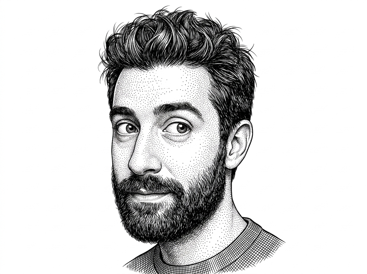 A hedcut-style portrait based on the verified GitHub avatar for Sahil Lavingia. It establishes the project's creator context without pretending to add a separate photographic source.