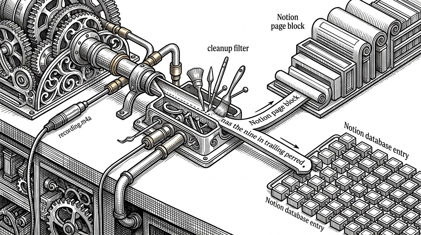 A close-up of a split workbench where a microphone feeds a local audio file, a cleanup filter trims a trailing period, and the cleaned text branches toward two Notion destinations. The image explains the repo's central mechanic: one capture stream, two output modes.