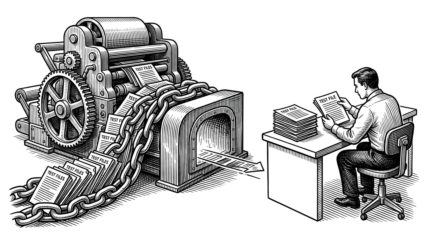 The illustration is split into two halves. The left side shows a huge, lumbering CI machine dragging a massive chain of tests into a runner. The right side shows a compact operator at a clean bench selecting a much smaller stack of relevant tests. It explains the article's comparison: brute force versus selective confidence.