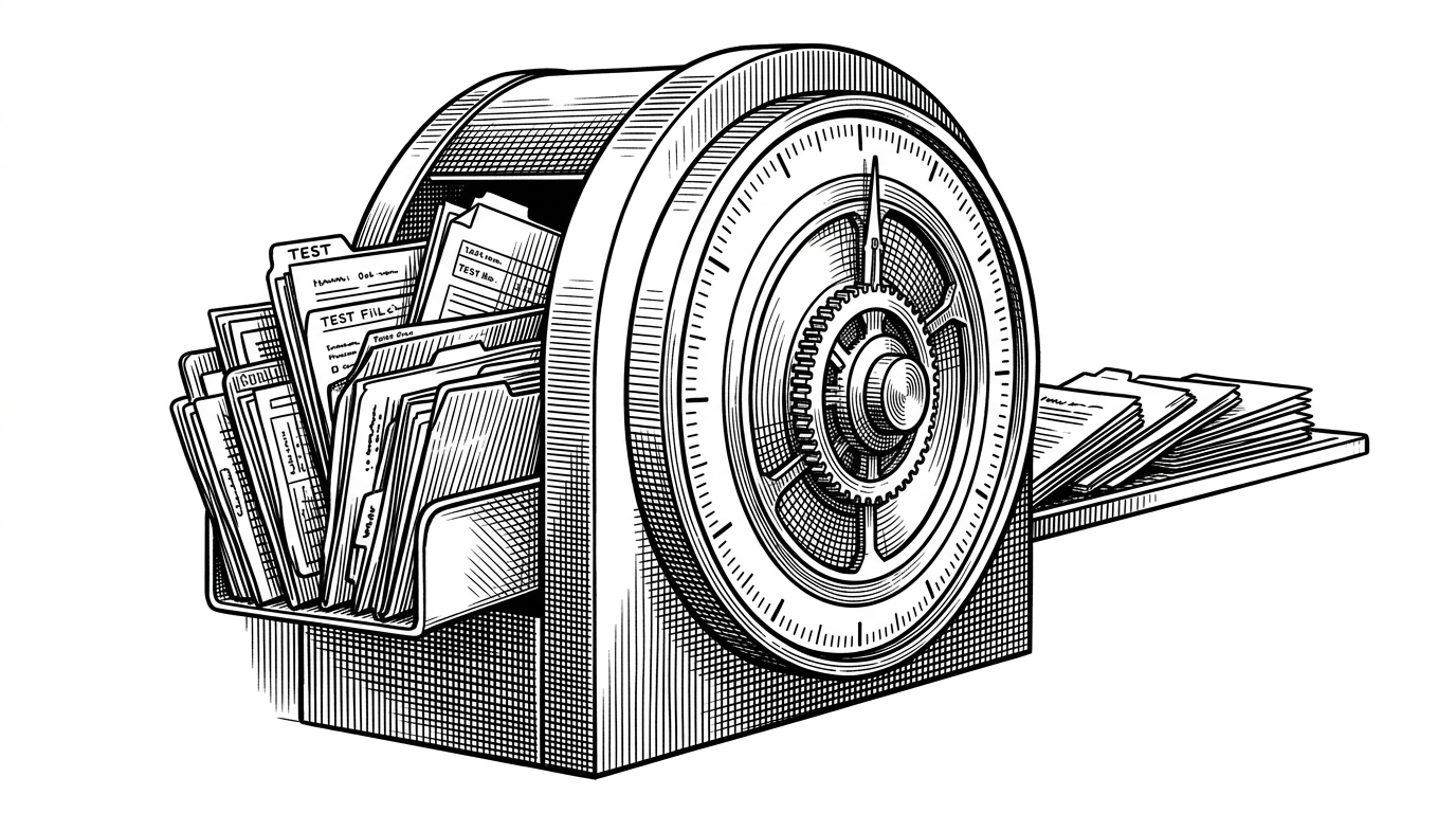 A large mechanical testing machine is shown in a wide editorial scene. On one side sits a dense stack of test files, and as a circular dial turns, only a slimmer selected stack slides forward. The image explains that Shortest treats test coverage as a calibrated tradeoff, not an all-or-nothing switch.