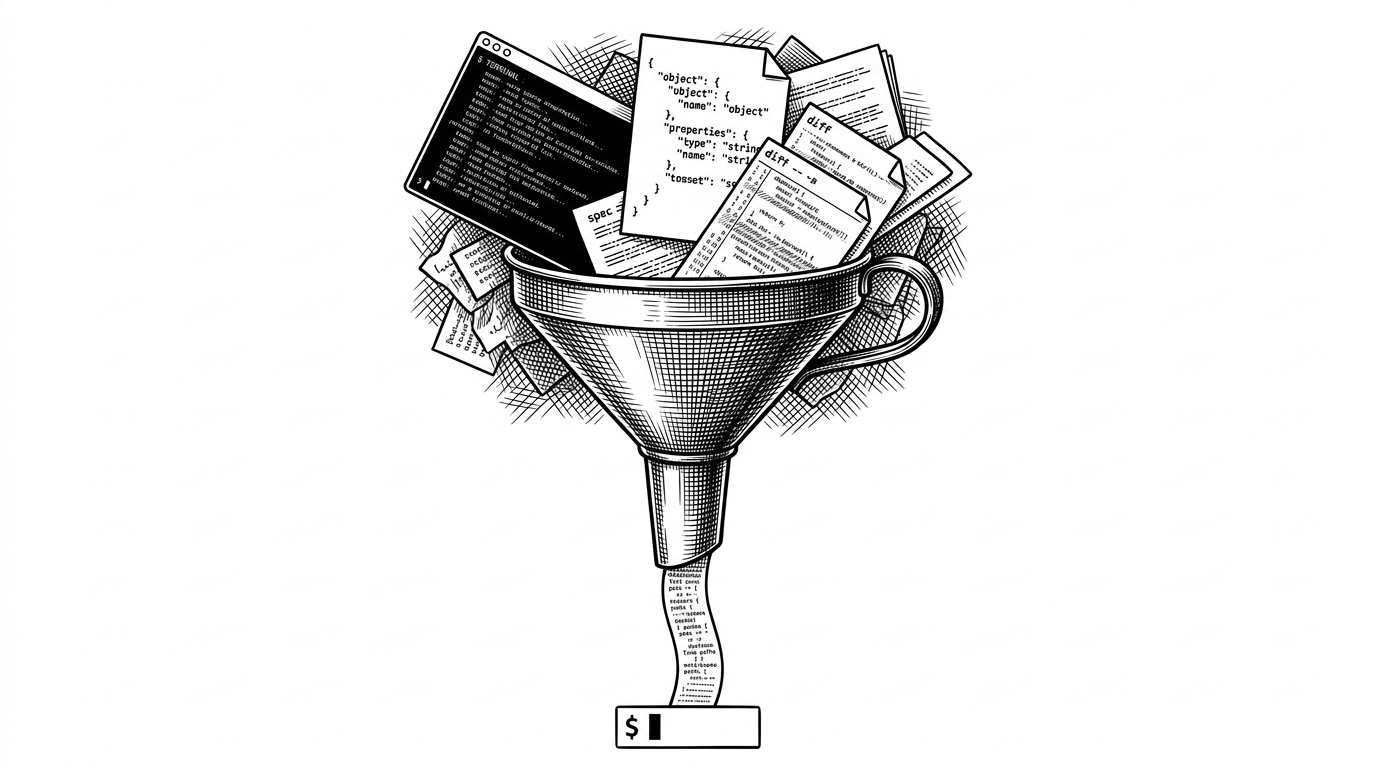 A close-up scene shows a terminal window, a strict JSON schema sheet, and a narrow funnel that lets only a thin ribbon of test paths pass through. Loose diff fragments and candidate spec pages sit behind the gate. The image explains why Shortest depends on structured output, because the shell can only automate what it can parse reliably.