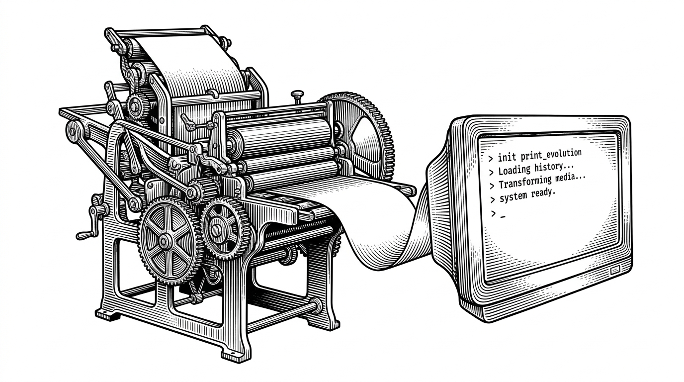 A vintage printing press churning out paper that seamlessly transforms into a glowing computer terminal displaying a command line prompt.