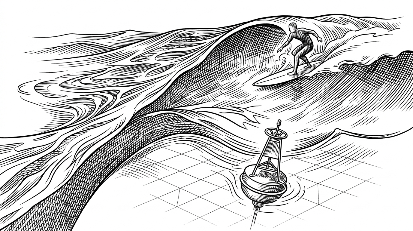 A wide editorial scene of an ocean drawn like machinery. Surface swells feed two visible branches, one shaping a surfboard and the waterline, the other driving a floating object below the surface. The image explains the article's core idea that the ocean is a shared simulation, not a decorative skin.