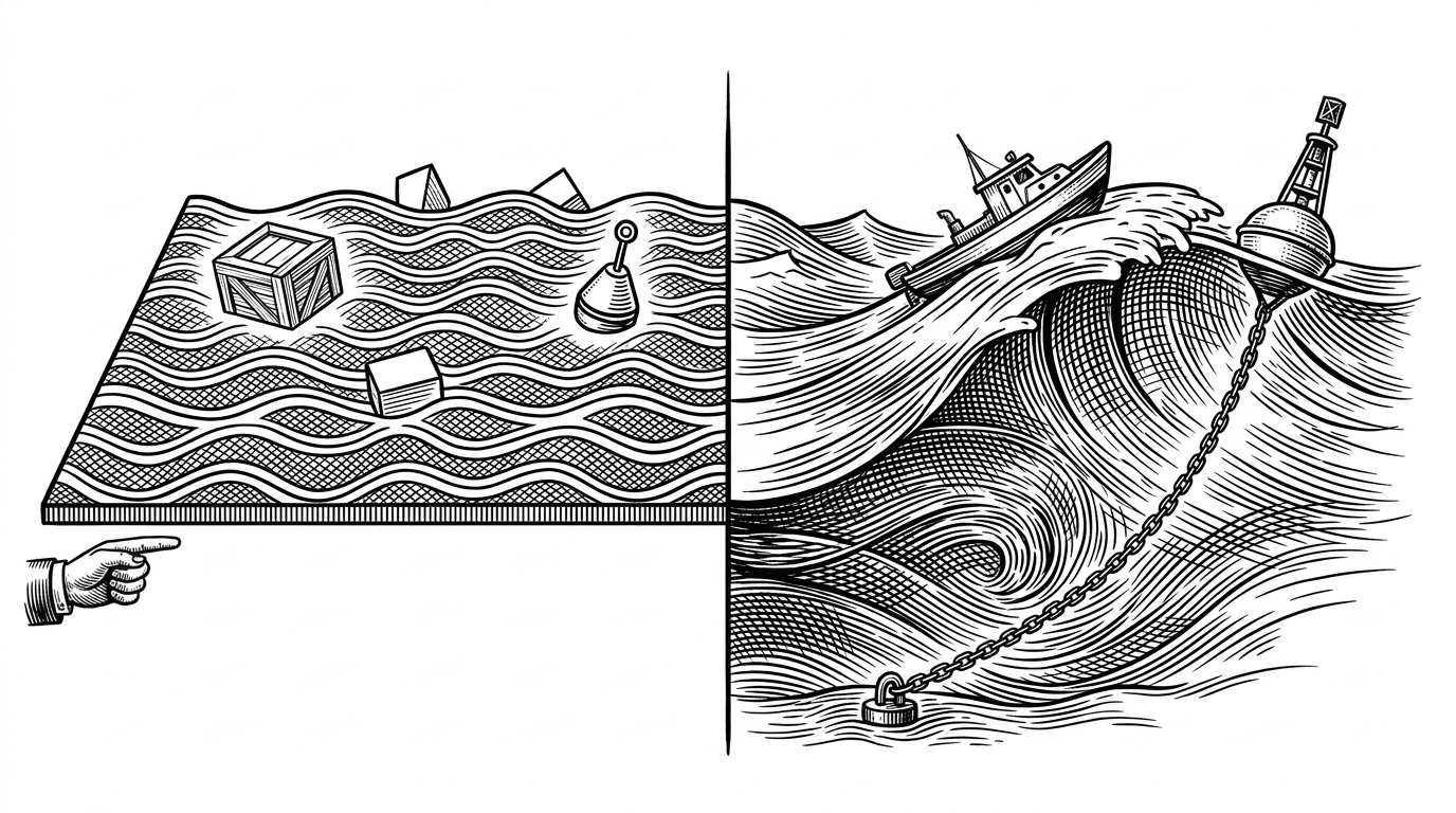 A split editorial scene. On the left, a water surface is only a visible effect, with no connection to floating objects or scene systems. On the right, the same wave field feeds both the surface and the objects riding on it, showing the difference between a shader and an engine.