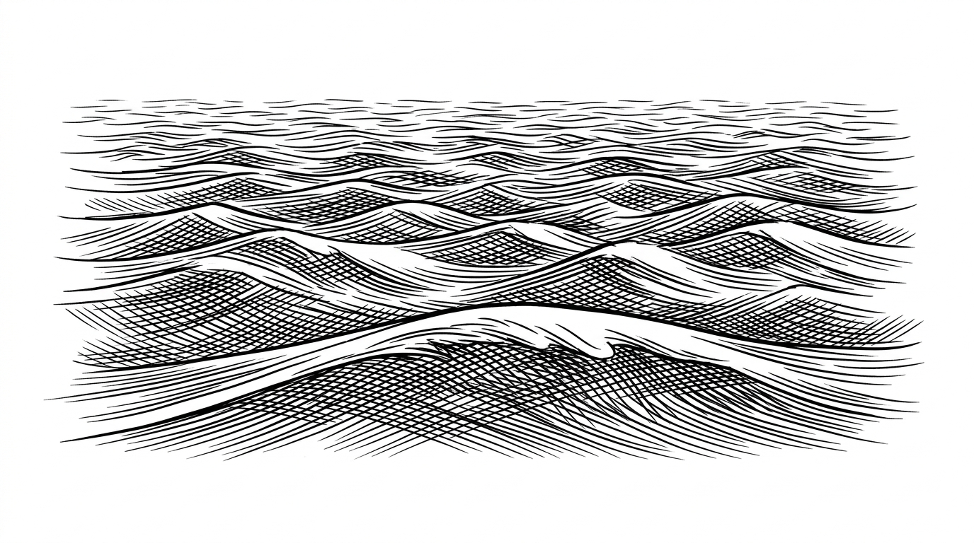 A close-up of stacked wave bands layered by scale. Fine ripples sit on top of broader swells, with each layer drawn as a separate band of motion. It shows how the engine builds complex water from multiple frequency ranges instead of one flat wave texture.