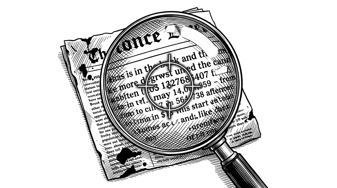A magnifying glass held over a heavily degraded, ink-blotted paper document. A sharp, glowing digital reticle successfully locks onto garbled numbers. This represents the defensive regex used to normalize messy OCR data before it hits the LLM.